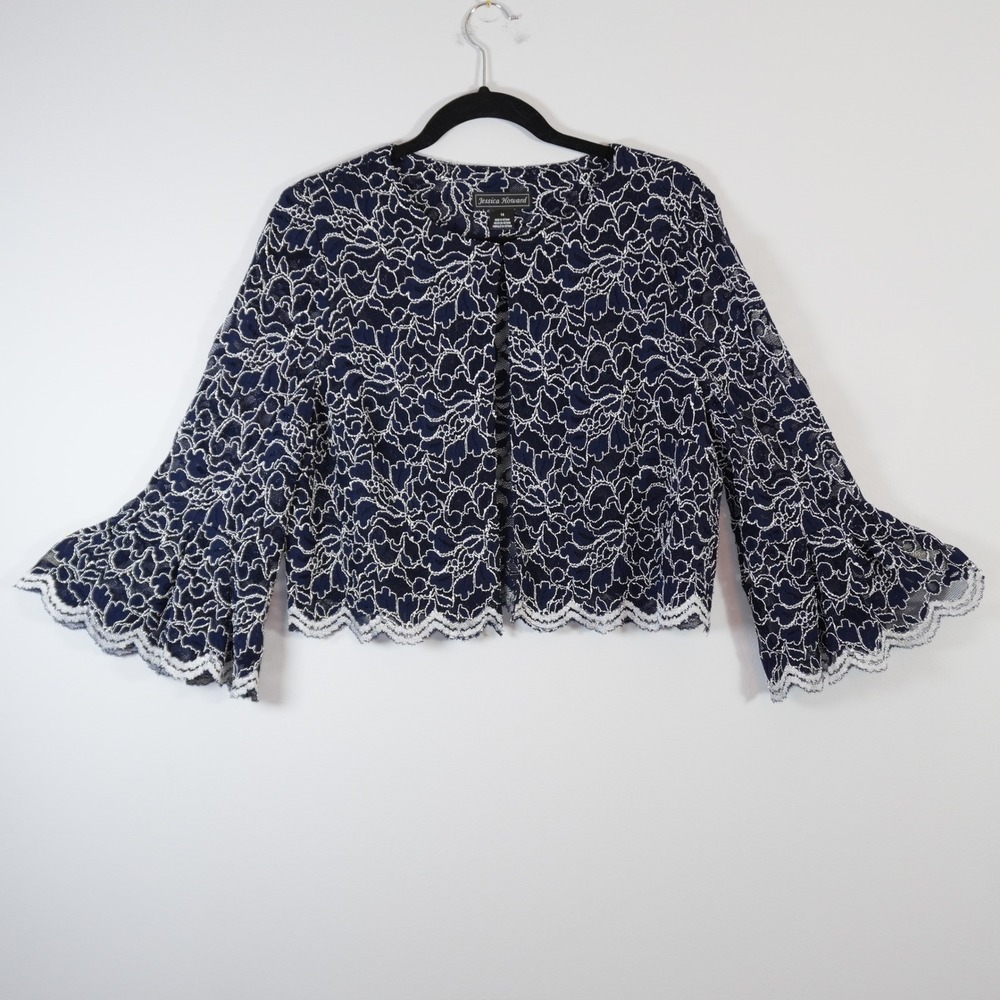 Jessica Howard Lace Jacket Shrug Bolero Navy White Bell Sleeve Open Front 14 L